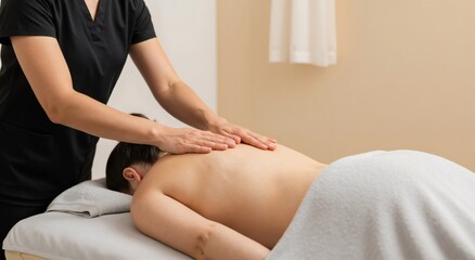 Obraz premium Woman receiving a relaxing back massage from a professional female masseuse. Wellness and spa treatment for body care and stress relief.