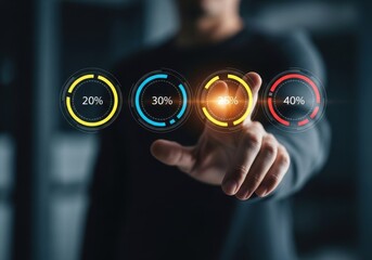 Person's Finger Interacting with Futuristic Digital Interface Showing Progress Circles with Percentages