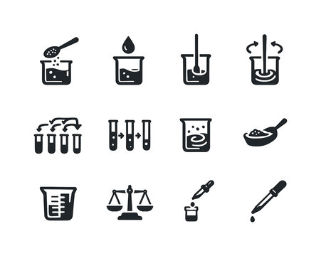 Solution Preparation Icons. Solution preparation. Solid icon set of Solution preparation: solute spoon, solvent droplet, mixing rod, stirring icon, dilution