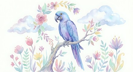 Blue parrot perched on flowering branch with watercolor florals and clouds. Tropical bird illustration for nursery decor, greeting cards, textile design.