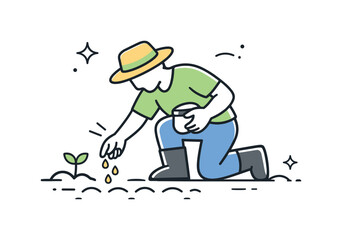 Fototapeta premium Farmer Planting Seeds. Farmers planting seeds icon. Simple farmer figure bending down to place seeds into soil, expressing calm agricultural work. Friendly