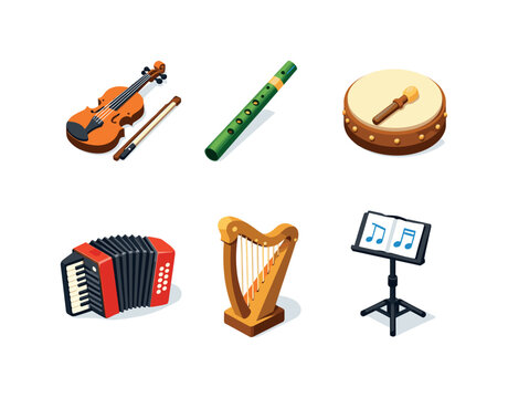 Irish Music Icons. Irish Music. Isometric flat vector icons set of irish music: fiddle violin, tin whistle, bodhran drum, accordion, harp instrument, music