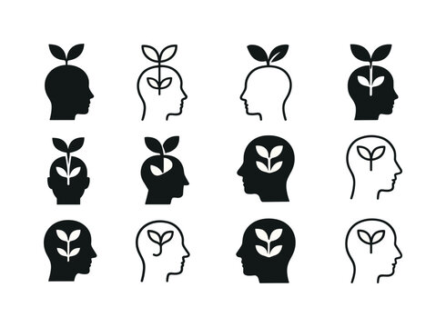 Positive Mindset Icons. Positive thinking and mindset shifts. Icon set. Set Logo of Positive thinking and mindset shifts: Growth plant in mind: