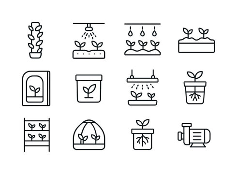 Urban Farming Icons. Urban farming. Line icon set of growing systems: hydroponics tower, aeroponics sprayer, drip irrigation line, soil bed, grow tent,