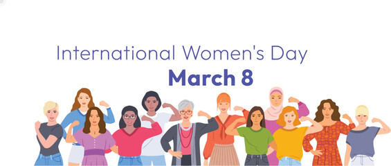 Group of diverse women striking a strong pose by showing their arm muscles for International Women's Day 2025, symbolizing strength and empowerment. © muhammad
