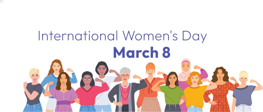 Group of diverse women striking a strong pose by showing their arm muscles for International Women's Day 2025, symbolizing strength and empowerment.