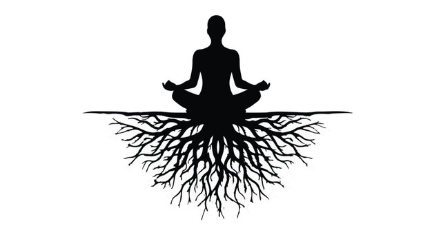 Silhouette of person meditating deeply, grounded by strong roots, symbolizing inner peace and connection to nature.
