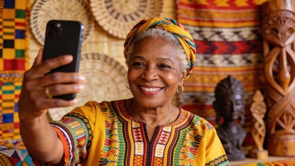 A smiling senior woman in traditional African attire stands proudly, holding a smartphone.