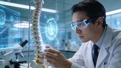 A male scientist examines a human spine in a laboratory setting, utilizing lab equipment and protective eyewear.