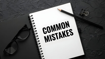 Let's review common mistakes written in black bold letters on a white notepad with glasses and pencil on a dark surface to learn from them today.