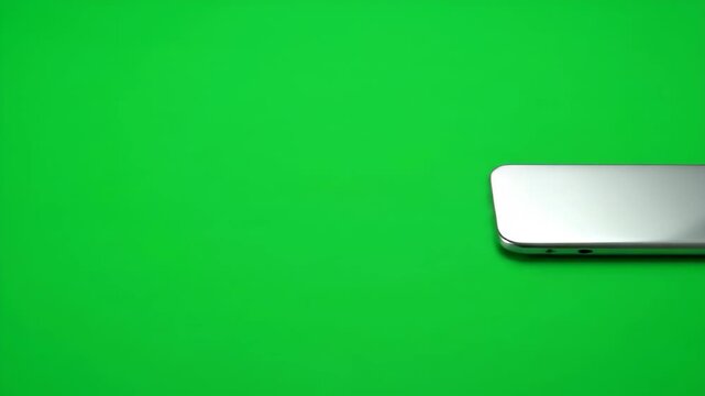 Modern smartphone rests on a vibrant green background, showcasing sleek design and technology. Its reflection captures a dynamic visual