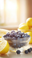 Fresh blueberries in transparent glass bowl on sunlit table with ripe lemons creating a bright healthy still life scene