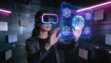A young woman wearing a VR headset interacts with a digital interface, seemingly manipulating holographic elements.