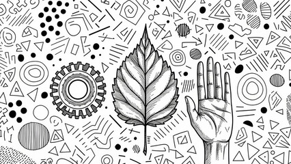 Abstract Hand-Drawn Doodle Art Background with Nature Leaf, Human Hand, and Geometric Shapes &ndash; Creative BW Pattern