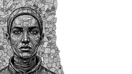 AI Woman Portrait: Digital Human-Machine Fusion. Striking Black & White Illustration of Cybernetic Identity & Future