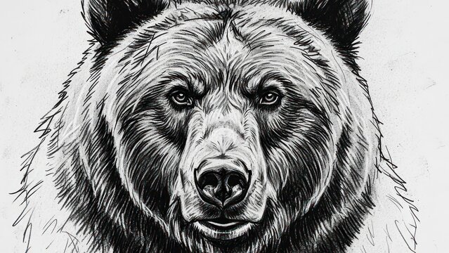 Detailed close up artistic portrait of a grizzly bear black and white illustration