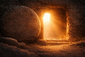Empty stone tomb with rolled-away rock and warm sunrise light streaming inside. Realistic Easter concept of resurrection, hope and Christian faith with copy space