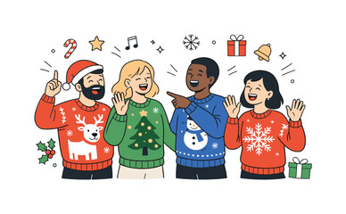 Festive Sweater Gathering. Wearing Christmas sweaters celebration. People laughing and gesturing in colorful holiday sweaters with simple festive icons around.