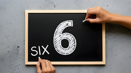 Captivating image of a person writing the number six on a chalkboard, ideal for educational materials, promoting learning, and numeracy skills development today.