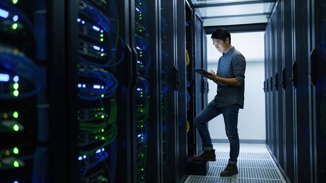 A man stands in a server room, holding a tablet and looking at the equipment. It conveys themes of technology, data management, and modern infrastructure. - Powered by Adobe