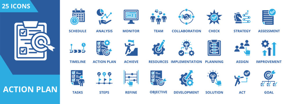 Action plan icon collection set. Containing schedule, analysis, monitor, team, collaboration, check, strategy, assessment icon. Simple flat vector