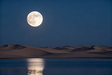 Full moon over desert sand dunes and water