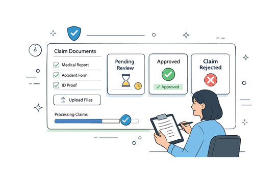 Efficient Claims Processing. Insurance claims processing. Administrator checking claim documents and approval status cards on a digital interface. Feeling of