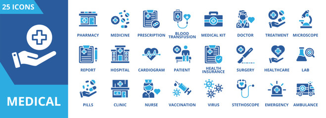 Medical icon collection set. Containing pharmacy, medicine, prescription, blood transfusion, medical kit, doctor, treatment, microscope icon. Simple flat vector