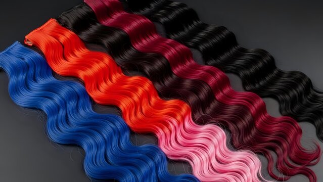 Colorful hair extensions in vibrant blue, red, pink and black shades with wavy texture for beauty salon styling and fashion transformation projects.