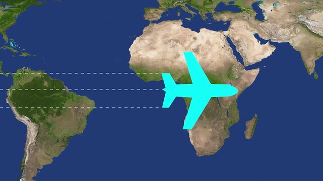 Cyan airplane silhouette flying over Earth map from South America to Africa aircraft flight
