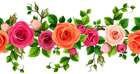 Naklejka premium Floral seamless border with red, pink, and orange roses and green leaves. Rose flowers vine. Vector seamless floral garland
