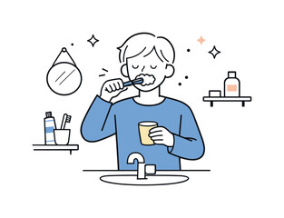 Evening Dental Routine. Brushing teeth before bed. A person brushing teeth in a calm evening setting with minimal bathroom details. Quiet routine and