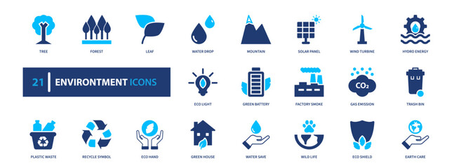 Environment solid icon set. Sustainability ecology renewable energy recycling climate icons for environmental campaign, green business, education, and UI design