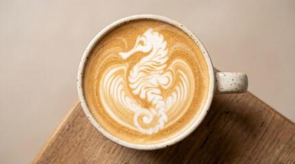 Creative Seahorse Latte Art in Ceramic Coffee Cup on Rustic Wooden Surface.