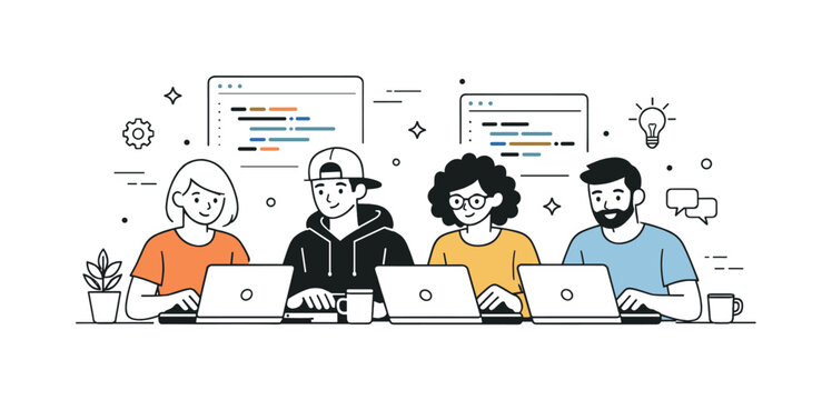 Collaborative Coding Session. Startup team coding session. Team members sitting with laptops, lines of abstract code on screens, quietly working side by side.