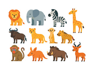 Fototapeta premium Savanna Mammal Icons. Savanna mammals. Colorful flat vector icons set of savanna mammals: lion, elephant, zebra, giraffe, wildebeest, cheetah, meerkat, hyena,
