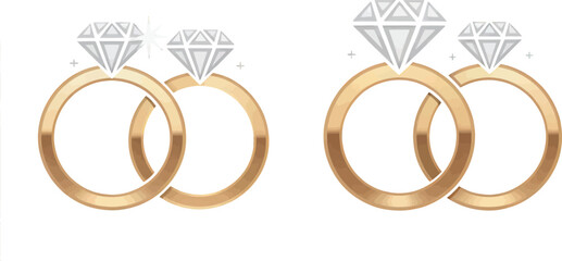 Luxury Gold Diamond Wedding and Engagement Rings Icon Set on Black Background Symbolizing Marriage, Love, Proposal, and Jewelry Design