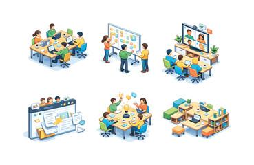 Naklejka premium Isometric Workspace Icons. Collaborative workspace. Isometric flat vector icons set of Collaborative workspace: team collaboration table, shared whiteboard