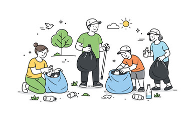 Trash Cleanup Volunteers. Volunteering environmental cleanup. People collecting trash in a park with bags and gloves, relaxed and positive mood.