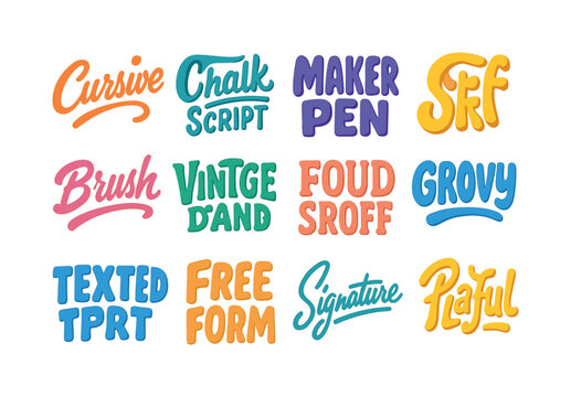 Colorful Hand Lettering Icons. Hand lettering styles. Colorful flat vector icons set of hand lettering styles: cursive logo, chalkboard script, marker pen