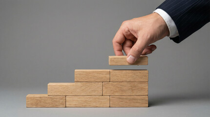 木製ブロックの階段を積み上げるビジネスマンの手