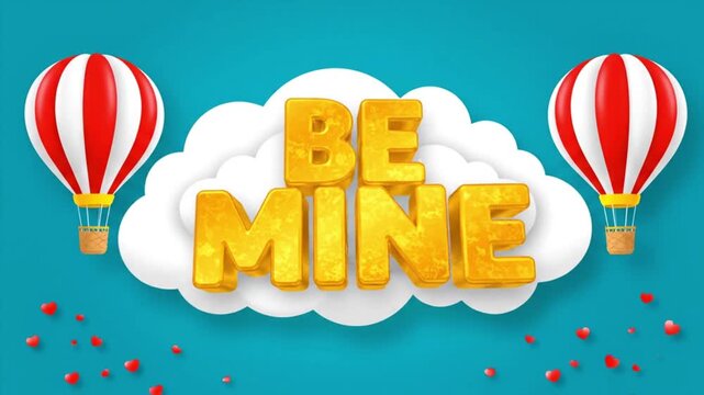 An animated romantic declaration with 'Be Mine' in golden text on a cloud with hot air balloons, a perfect and direct concept for a Valentine's proposal