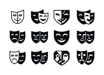 Obraz premium Theatrical Masks Icons. A live theater performance with actors wearing masks. Icon set. Set Logo of A live theater performance with actors wearing masks: dual
