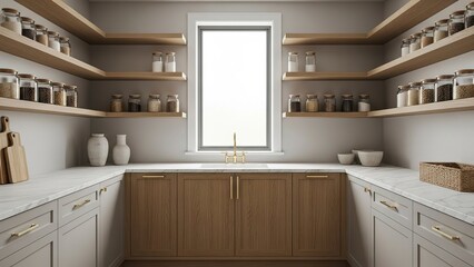 Luxurious Scandinavian pantry with oak shelving natural daylight soft tones elegant jars marble counter golden accents modern design