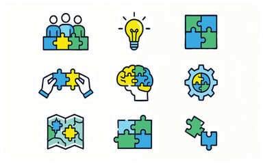 Fototapeta premium Puzzle and Problem Solving Line Icon Set - Teamwork, Brainstorming, and Creative Solutions Concept.Print