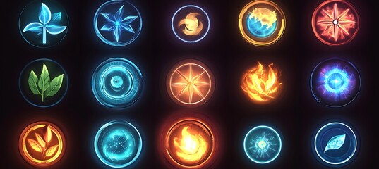 Collection of glowing elemental icons representing various fantasy game elements neatly arranged