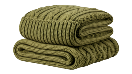 Folded olive blanket stack with texture, view highlights comfort, isolated on background, image photo