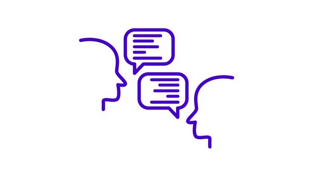 Two minimalist purple outlines of human profiles face each other while exchanging speech bubbles to represent a collaborative dialogue.