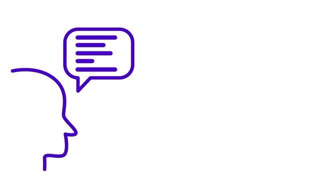 A single purple outline of a person is shown with a rectangular speech bubble above their head to symbolize individual communication.
