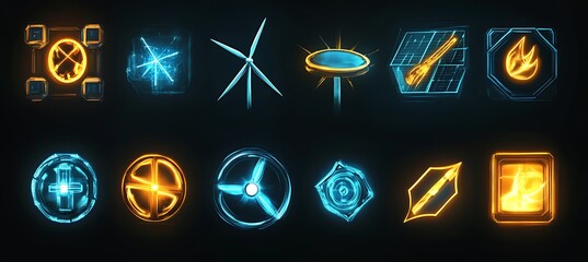 Collection of glowing tech icons representing various renewable energy sources and components